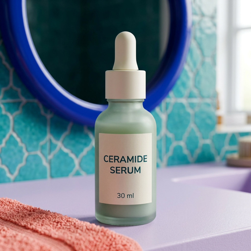 Ceramide serum bottle in colorful bathroom