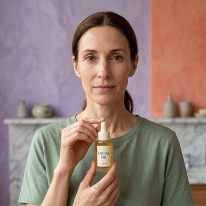 AI-generated adult model holding facial oil at chest height