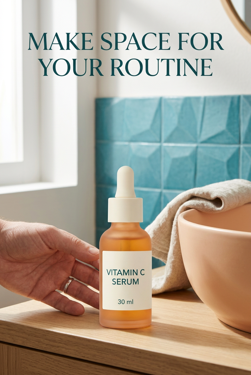 Vitamin C serum with skincare routine setup
