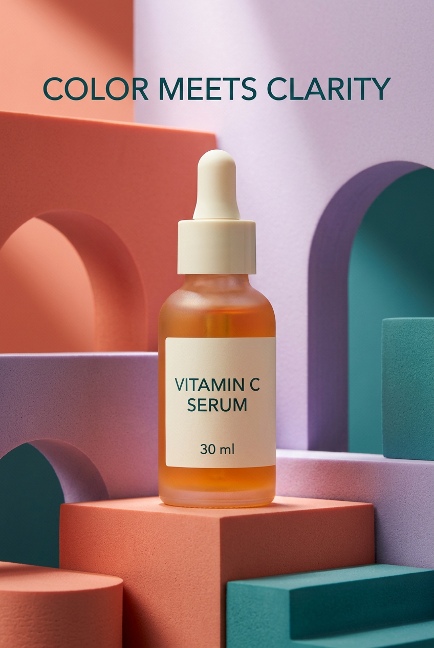 Detail of orange Vitamin C serum packaging and printed label