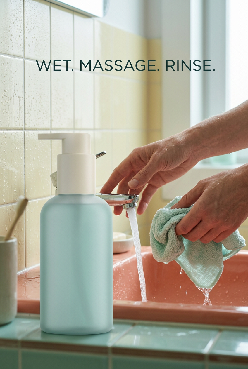 Cleanser with hands and water illustrating the cleansing routine
