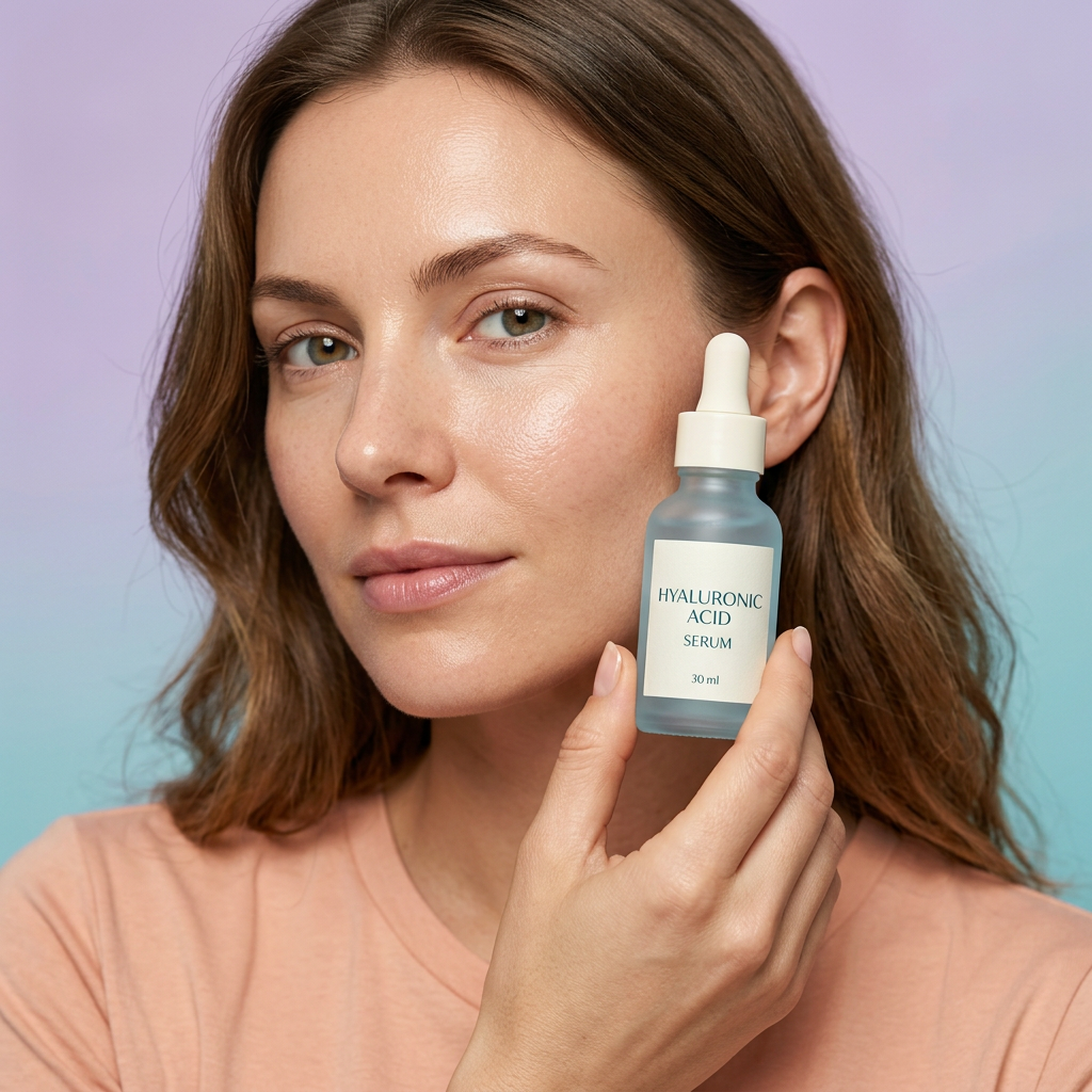 AI-generated adult model holding serum beside her face