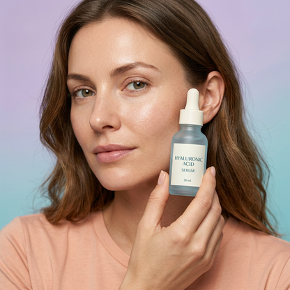AI-generated adult model holding serum beside her face