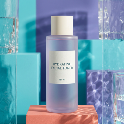 Lilac facial toner bottle on colorful studio pedestal