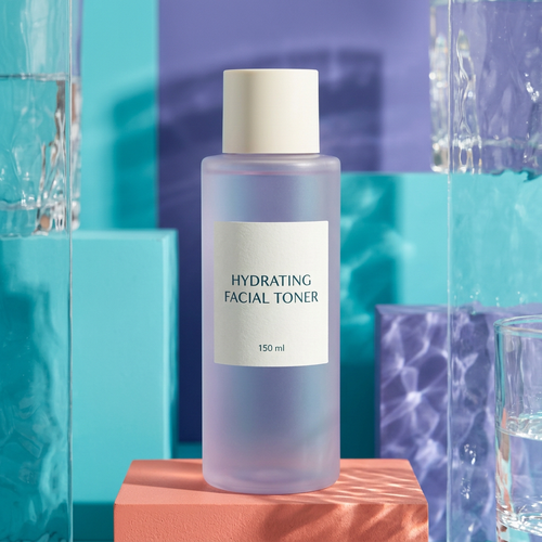 Lilac facial toner bottle on colorful studio pedestal