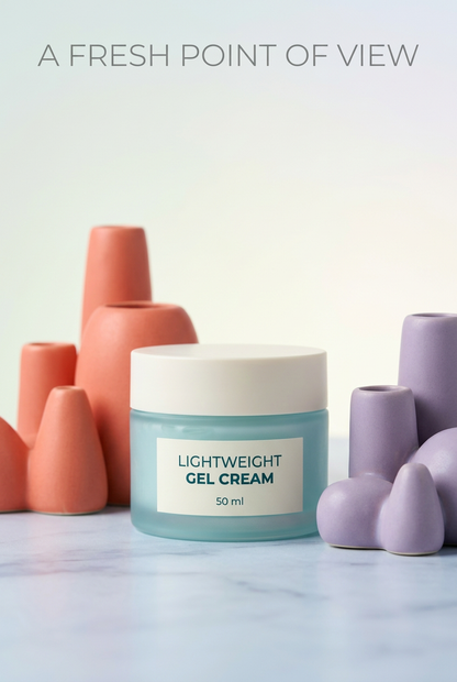 Detail of turquoise gel cream packaging and ivory lid