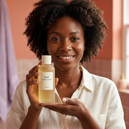 AI-generated adult model holding essence toner at chest height