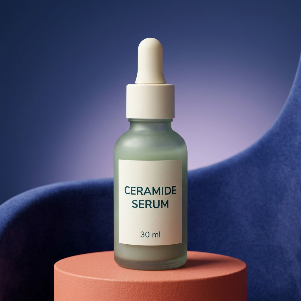 Sage-green ceramide serum bottle on coral studio pedestal