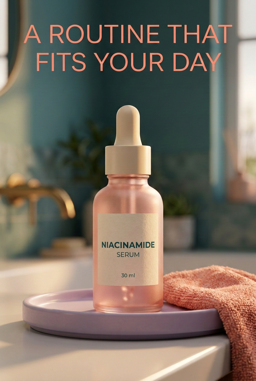 Niacinamide serum on bathroom tray with complete bottle label