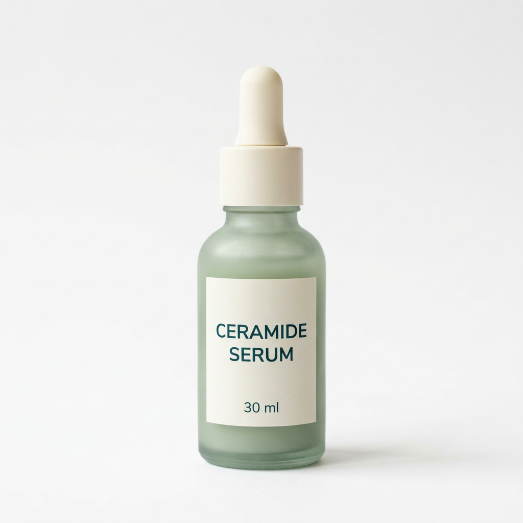 Unbranded sage-green ceramide serum bottle on white background