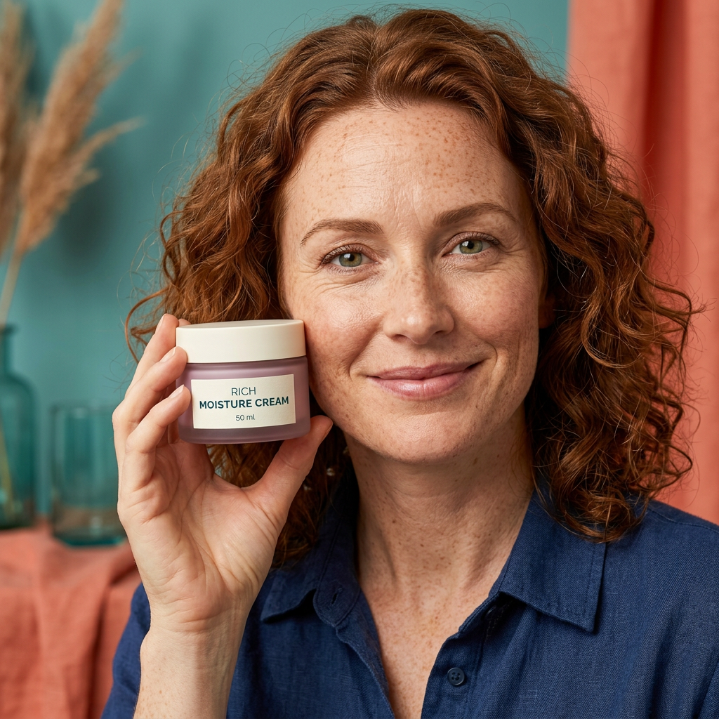 AI-generated adult auburn-haired model holding Rich Moisture Cream concept