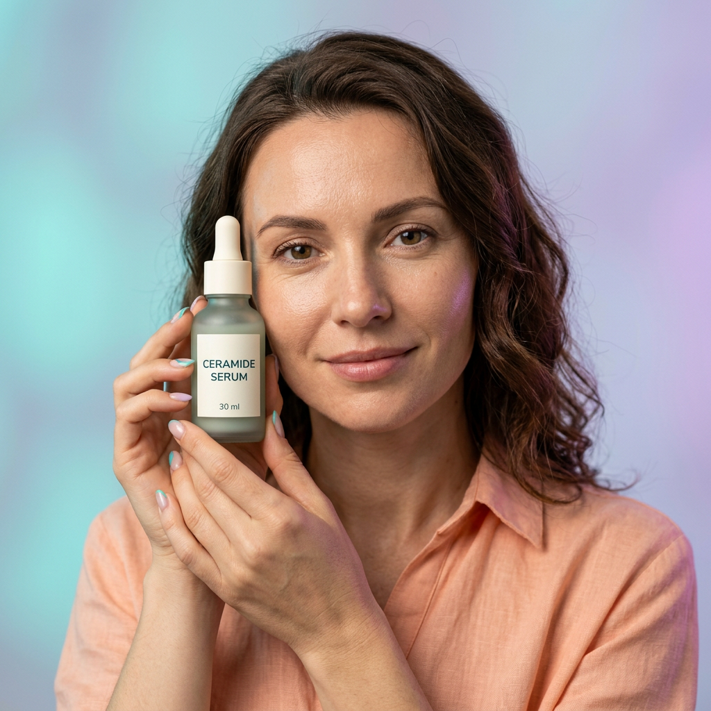 AI-generated adult model holding ceramide serum beside her cheek