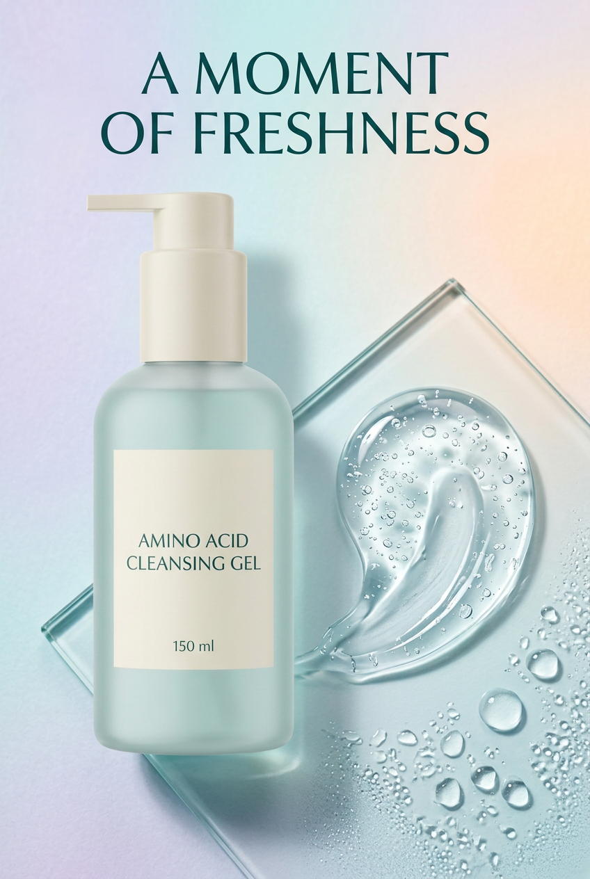 Conceptual clear gel texture alongside cleanser bottle