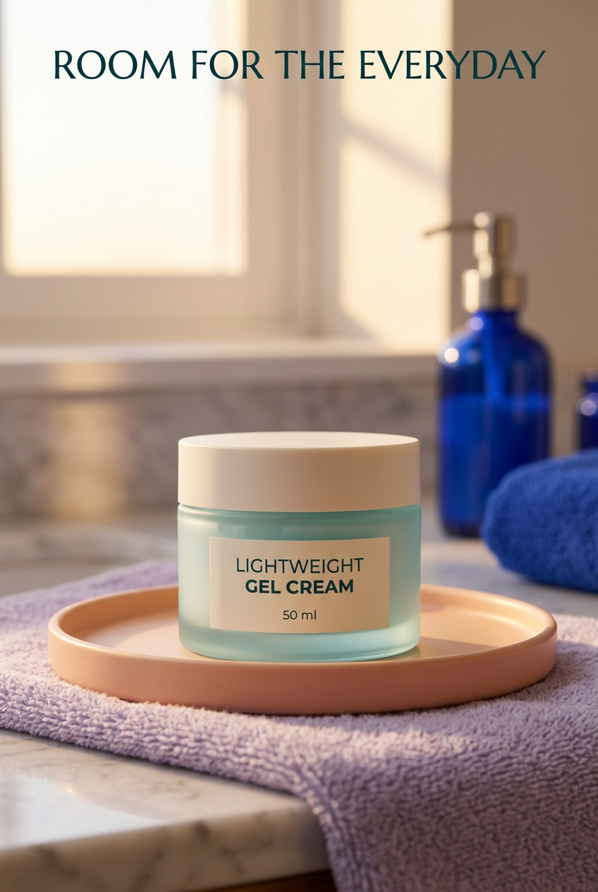 Gel cream jar on peach bathroom tray