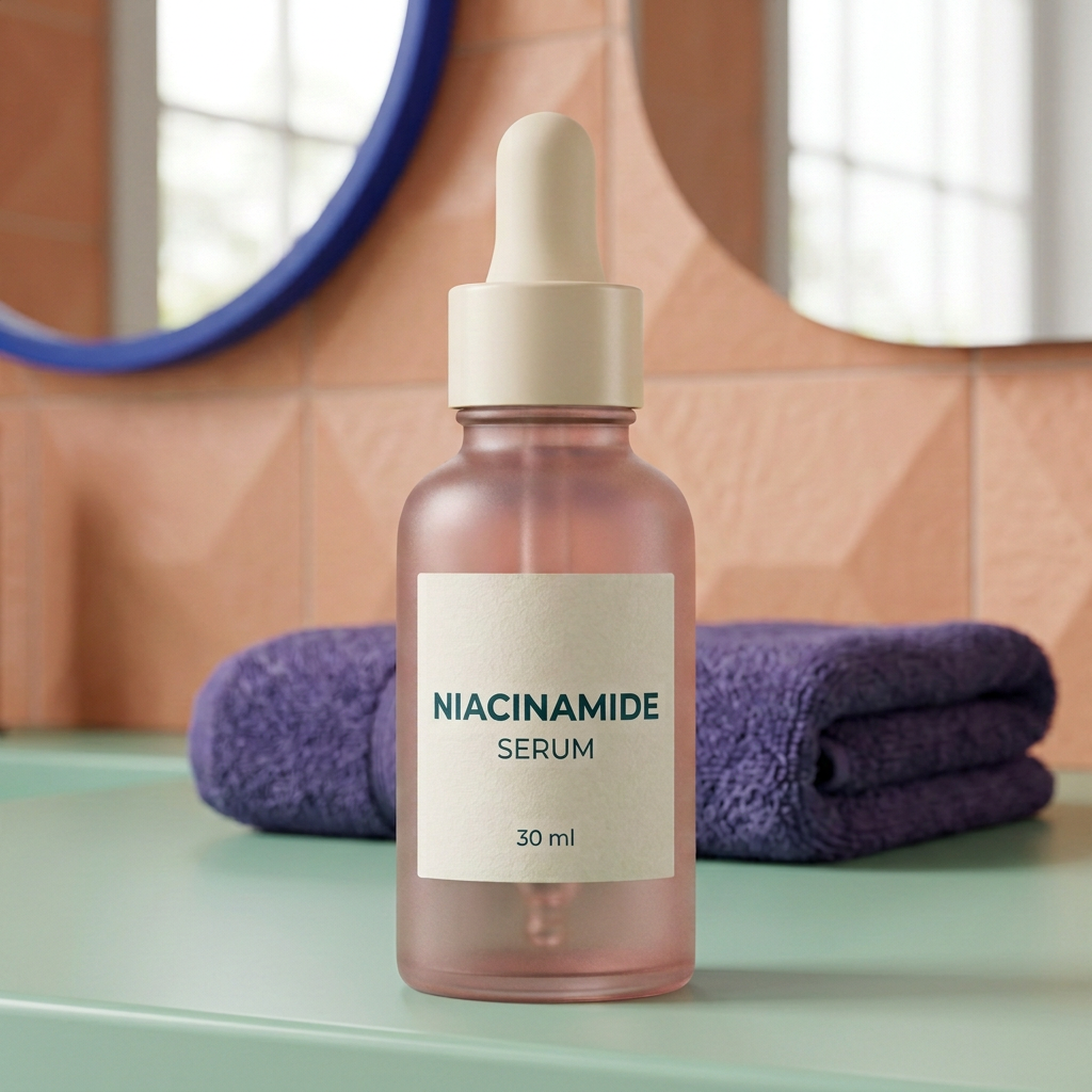 Niacinamide serum in bathroom with complete printed product label