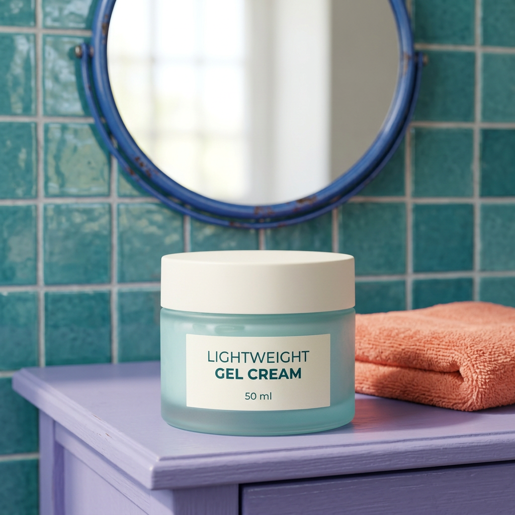 Gel cream jar styled on a lavender bathroom vanity