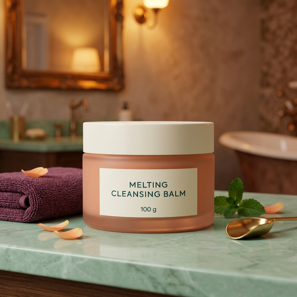 Cleansing balm jar in an evening bathroom setting