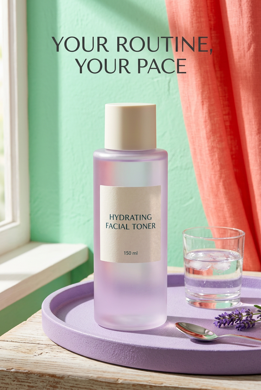 Facial toner in a colorful daily routine setting
