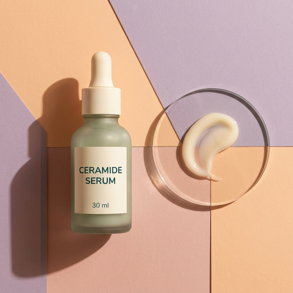 Ceramide serum flat lay with conceptual ivory texture