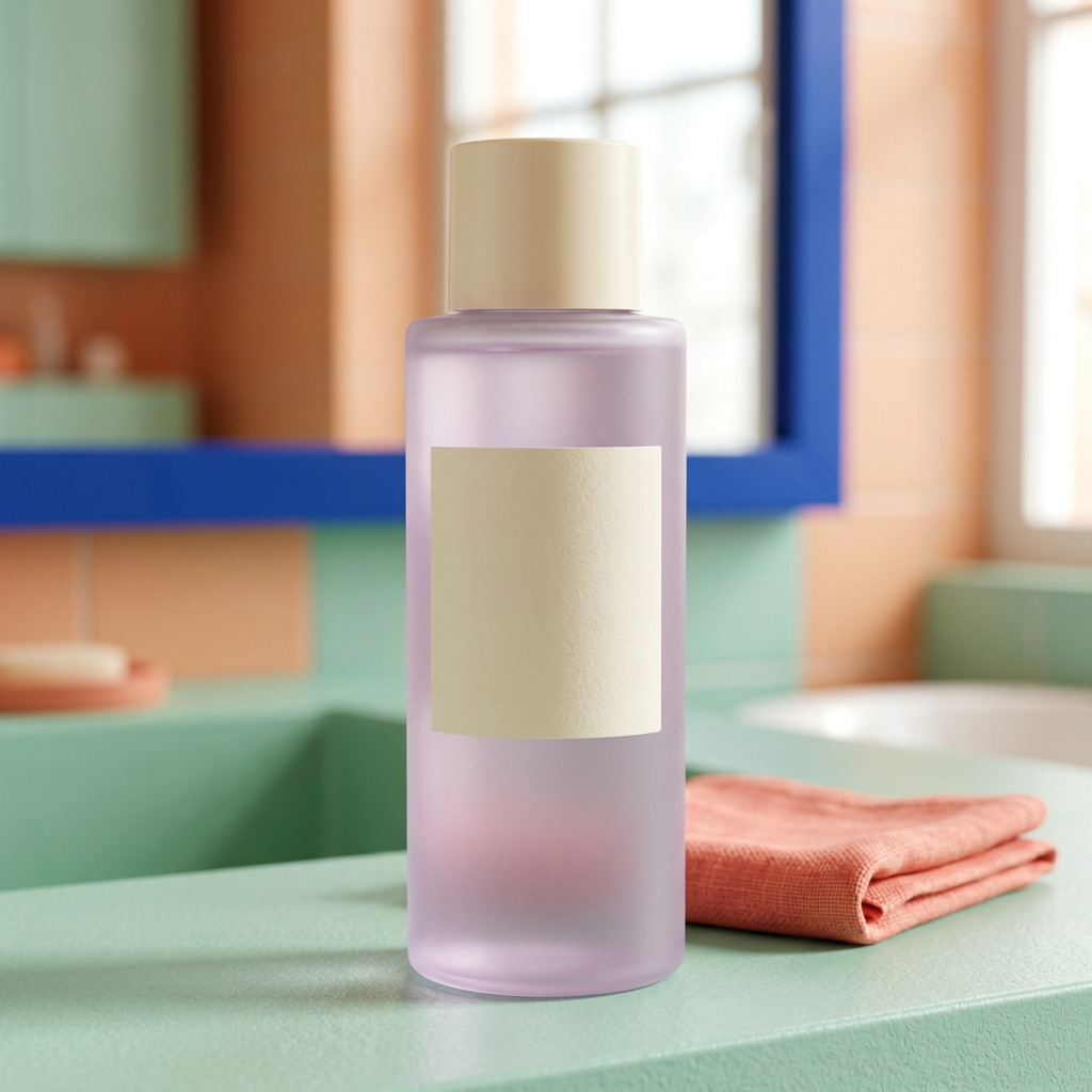 Facial toner styled on a bathroom vanity