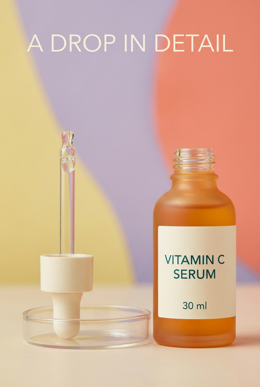 Vitamin C serum bottle and pipette in conceptual texture study