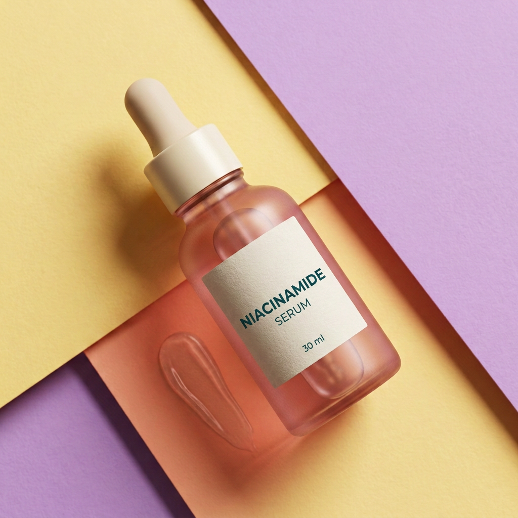 Rose-pink niacinamide serum flat lay with complete printed product label