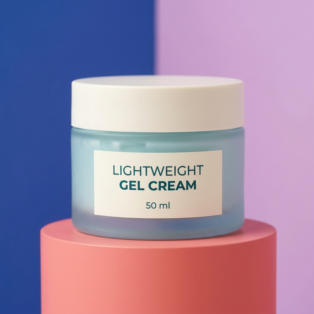 Turquoise gel cream jar with printed ivory label on coral pedestal