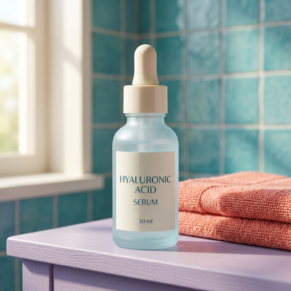 Serum bottle in a colorful bathroom setting