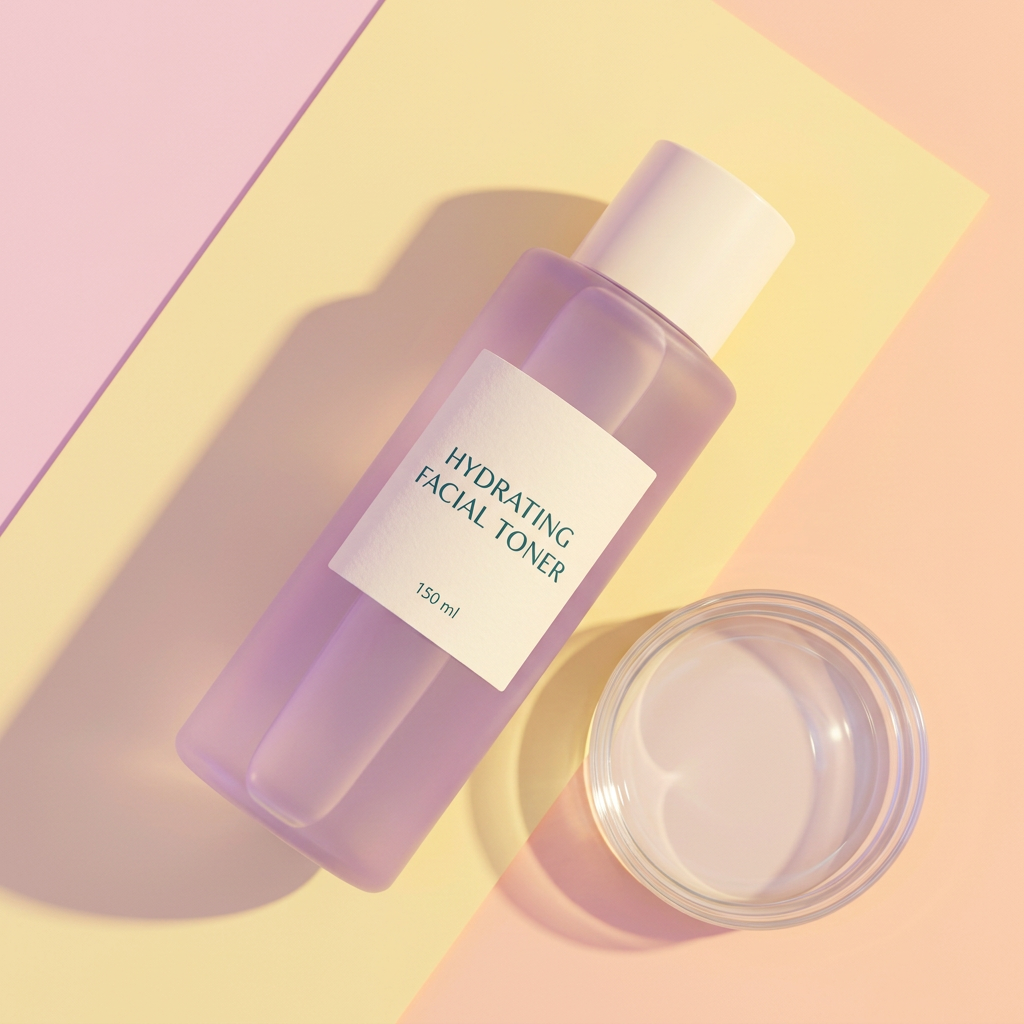 Lilac facial toner in a colorful flat lay