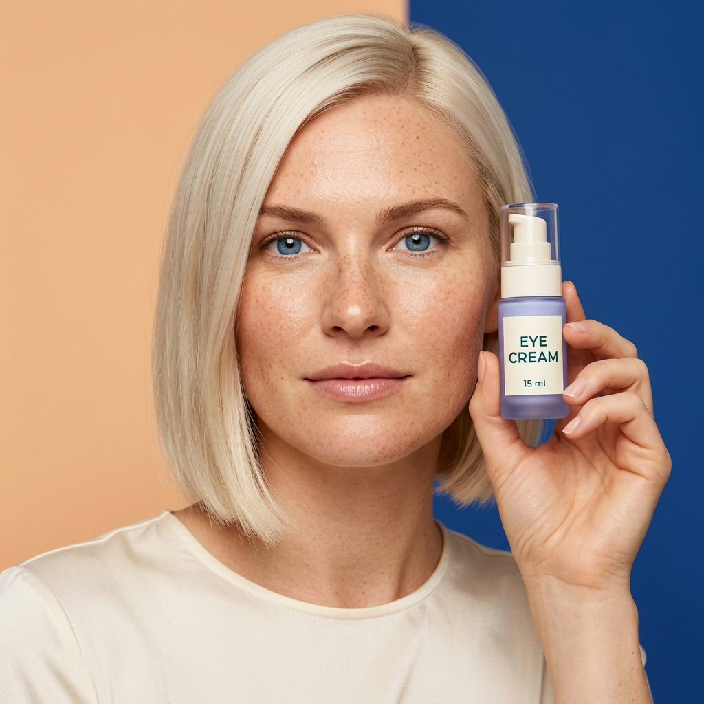 AI-generated adult model holding eye cream beside face