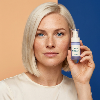 AI-generated adult model holding eye cream beside face