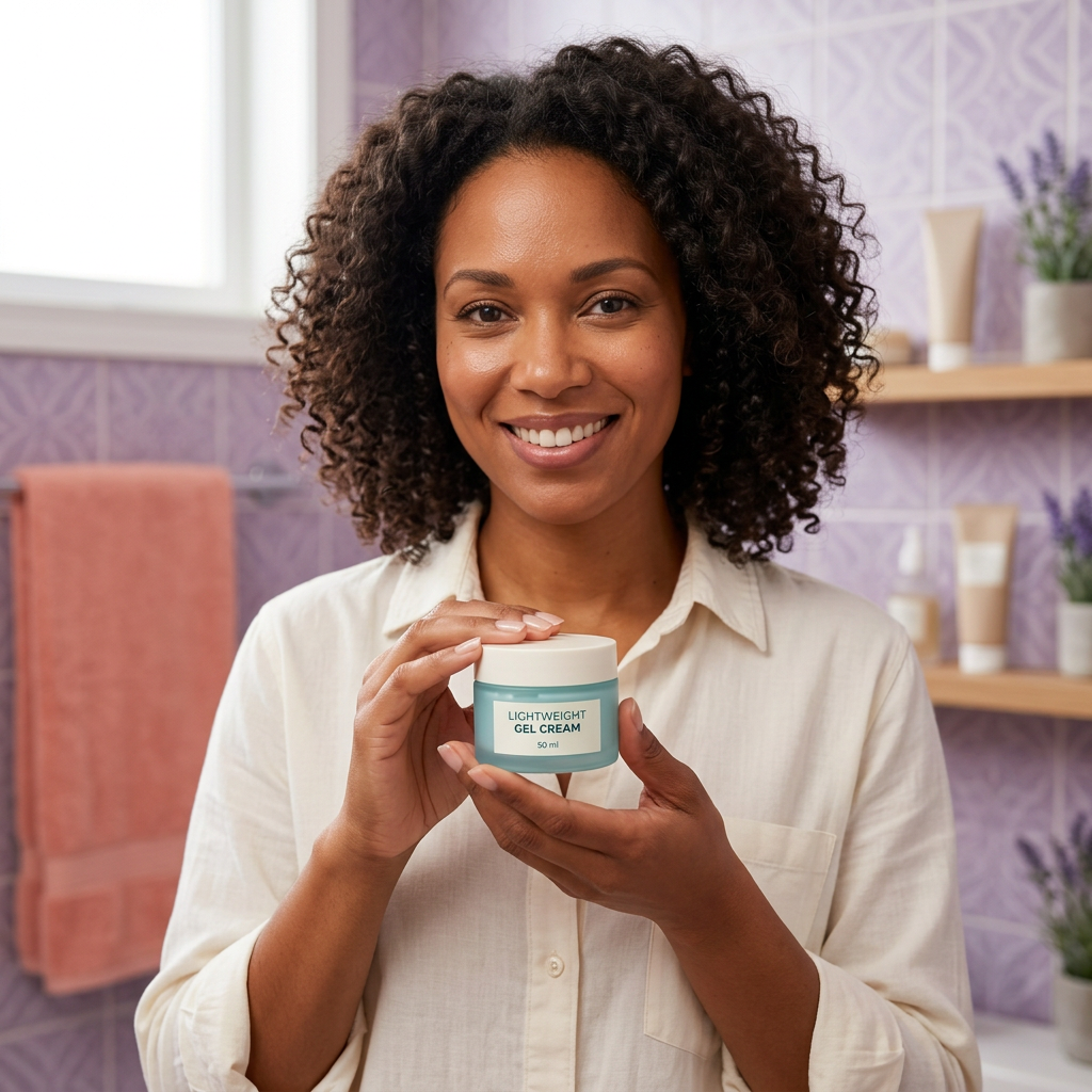 AI-generated adult model holding gel cream jar at chest height