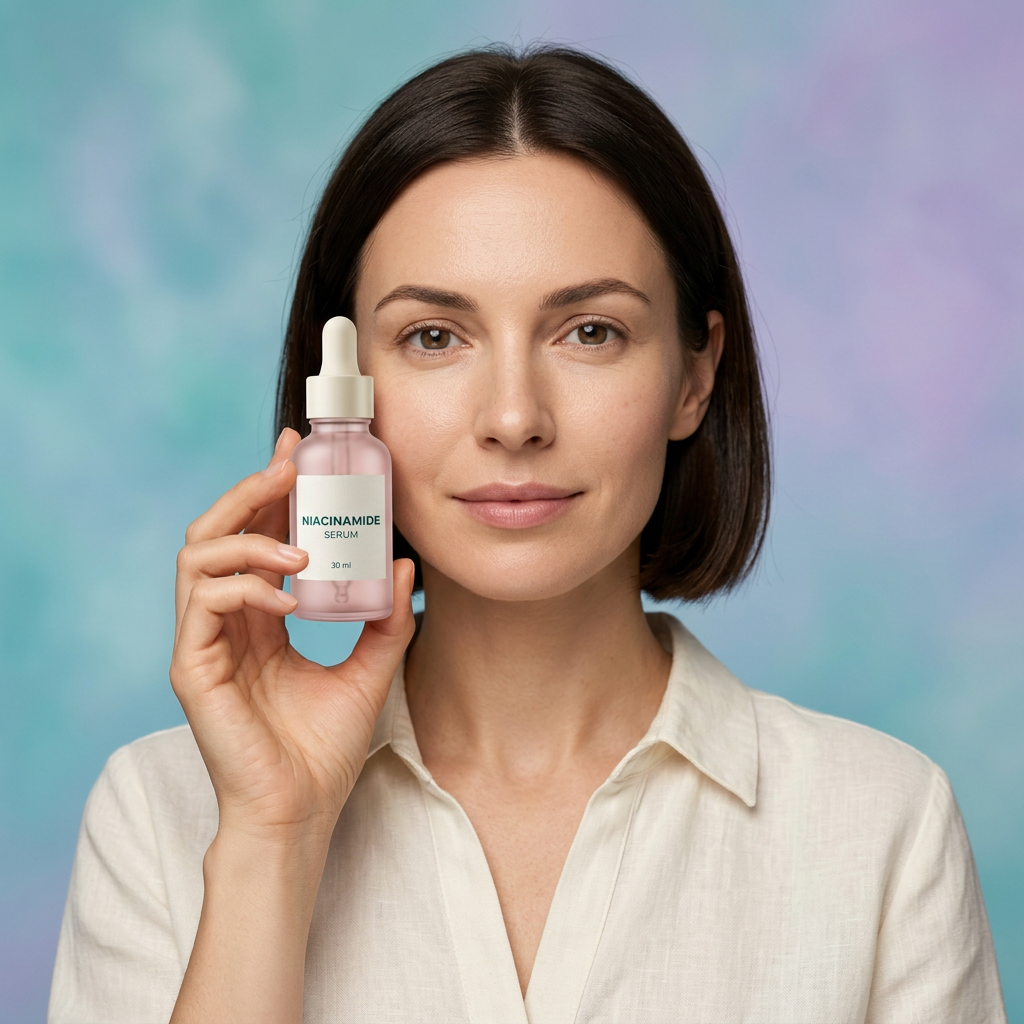 AI-generated adult model holding serum beside her face